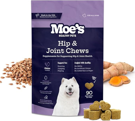 Moe’s Dog Joint Supplement 90 Soft Chews – Glucosamine, Chondroitin & Hyaluronic Acid with Vitamins C & E – Advanced Hip and Joint Support for Dogs – Ideal for Bone Health & Joint Pain Relief