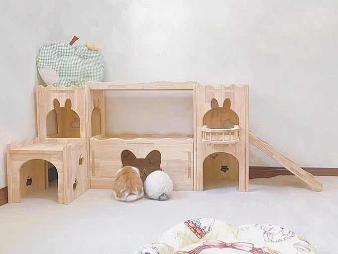 Touch&Pet Luxury Hideaway Habitat Tunnel, Large Wooden Rabbit House, Deluxe Two-Story Bunny Tower, Portable Animal Castle, Animal Furniture, Ramp for Guinea Pigs, Small Pets