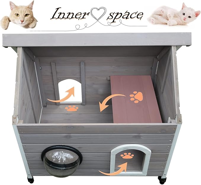 Rockever Outdoor Cat House, Feral Cat House Outdoor Weatherproof with Escape Door and Clear Windows for 2 Cats (Grey)