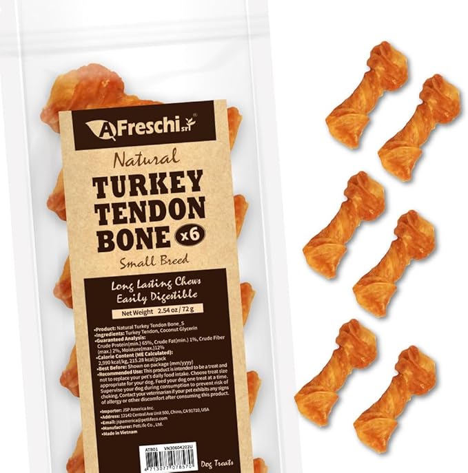 AFreschi Turkey Tendon Bone (S) 6 Pieces per Pack, USA-Sourced Turkey Tendon, All Natural Human Grade Puppy Chew, Hypoallergenic, Rawhide Alternative, Dog Treats for Small Breeds