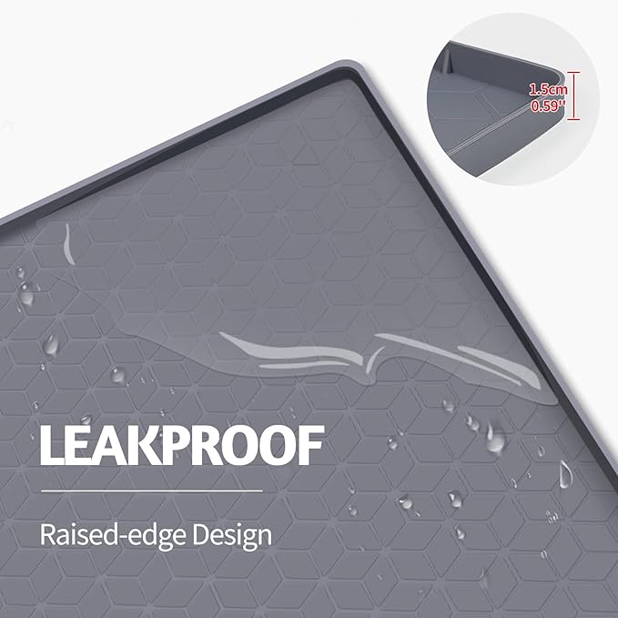 Cat Food Mat, 34" x 22" Large Silicone Pet Feeding Mat with Raised Edge Pet Placemat for Food and Water Bowl Non-Slip, Easy to Clean, Floor Protection (Dark Grey)