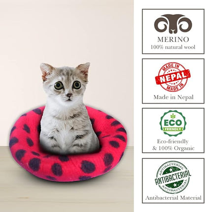 Woolygon Premium Felt Cat Cave Bed - Polka Dot Series - Wool Kitty Beds Handcrafted Kitten Caves Bed for Indoor Cats - Eco-Friendly Merino Wool, Foldable Cat Hideaway Cat Houses (Red/Black Dots)