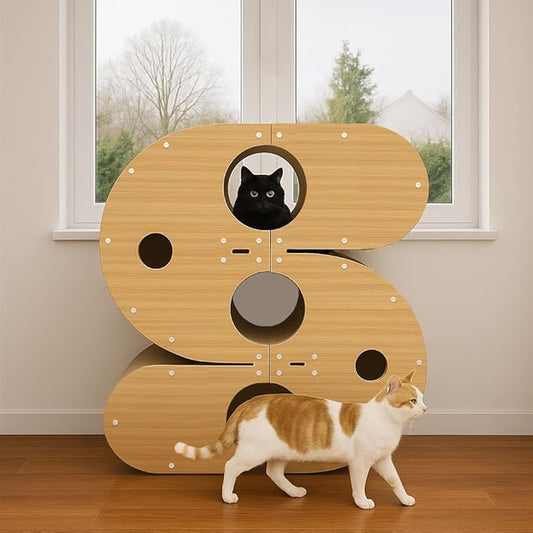 3-in-1 S-Shaped Cat Scratcher Tunnel & Cat Tree – Large Cat Furniture for Climbing, Scratching, Hiding & Play, Multi-Entry Maze Design, 37"x41.7"x11.8