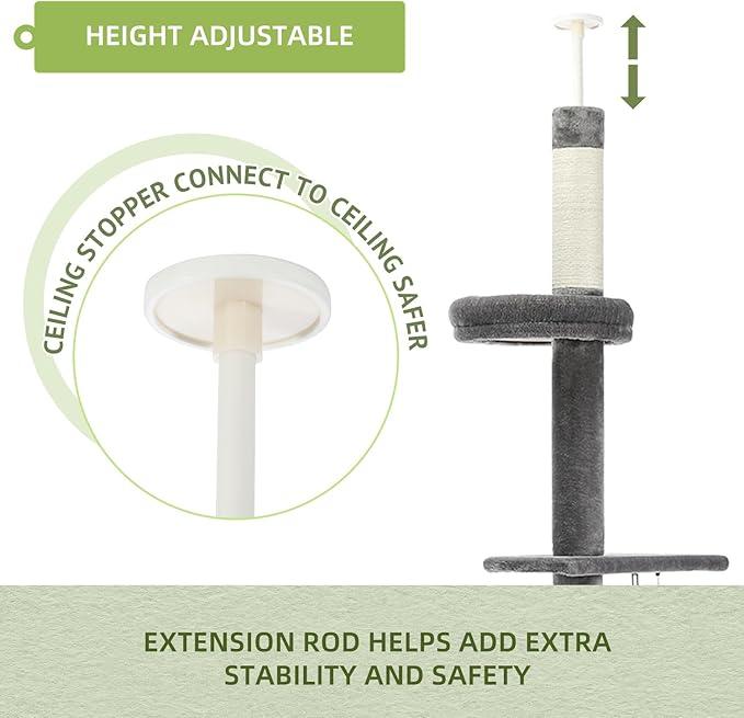 PETEPELA Floor to Ceiling Cat Tree, Cat Tower 5-Tier Height(95-107 Inches) Adjustable, Tall Cat Climbing Tree Featuring with Scratching Post, Cozy Bed,Interactive Ball Toy for Indoor Cats/Kitten Grey