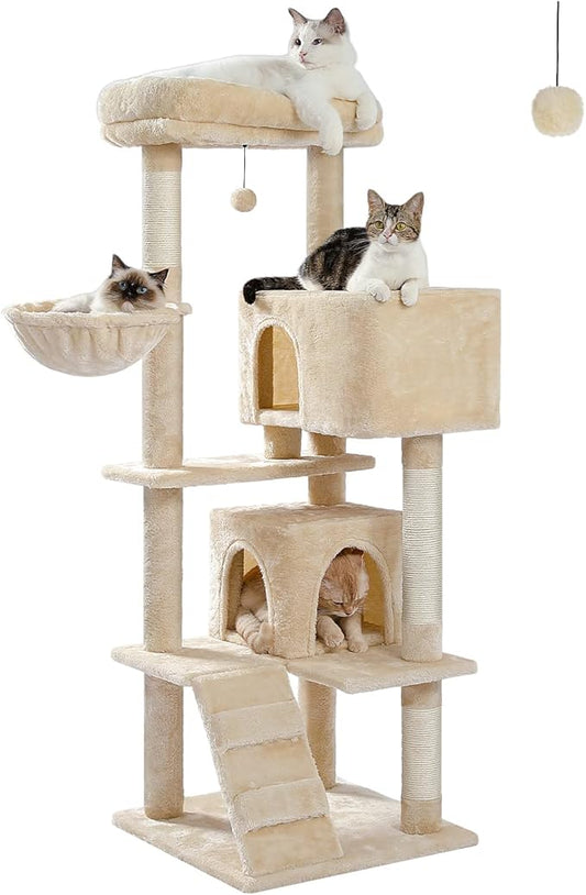 PEQULTI 56.3'' Cat Tree for Indoor Cats with Big Hammock, Cat Tower for Large Cats with 2 Door Condo House, Scratching Posts and Top Perch, Beige