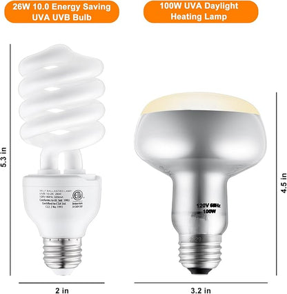 100W Reptile Heat Lamp and 26W 10.0 UVB Bulb Combo Pack, UVA Basking Bulb and UVB Light for Reptiles, Basking Light for Bearded Dragon, Turtles, Snake and Lizard