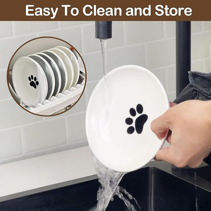 Cat Food Bowl Set of 3, Ceramic Cat Bowls, Anti Whisker Fatigue Cats Bowl Set,5.9 Inches Shallow Wide Kitten Plates for Wet/Dry Food, Indoor Pets(Paw)