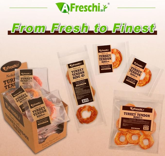 AFreschi Natural Turkey Tendon Ring (M) 10 oz, USA-Sourced Turkey Tendon, All Natural Puppy Chew, Hypoallergenic, Rawhide Alternative, for Medium Breeds