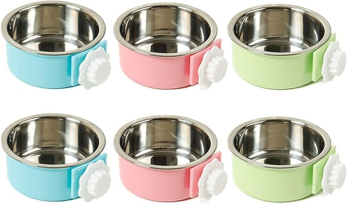 kathson Crate Dog Bowl, Removable Stainless Steel Hanging Pet Cage Bowl Food & Water Feeder Coop Cup for Cat, Puppy, Birds, Rats, Guinea Pigs (6 PCS, Size: M, 2×Blue,2×Green,2×Pink)