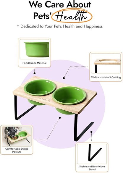 Elevated Dog Bowls, Raised Dog Bowl Stand with Two 6.5 inch Ceramic Bowl, Non-Slip Puppy Food and Water Bowls, Dogs Feeder for Small and Medium Breed,Green