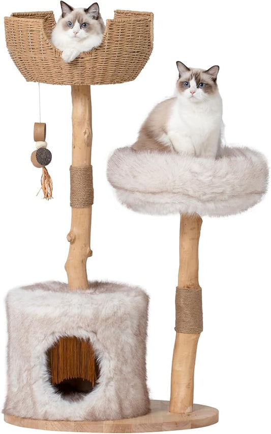 Cat Tree Tower with Two Real Branches, 44 INCH Wood Modern Cat Tower with Luxury Cat Condo, Cat Scratching Post, Jumping Platforms, Cat Furniture (Long Plush)