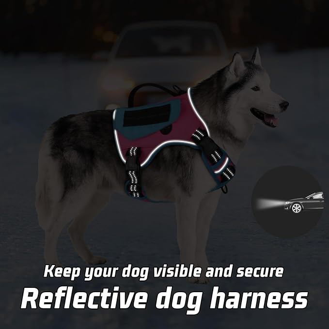 WINGOIN Tactical Dog Harness for Large Dogs, No Pull Harness with Handle Pockets Poop Bag, Reflective Dog Vest, Military Service Heavy Duty Big Dog Harness for Walking Hiking Training (Pink Blue, L)