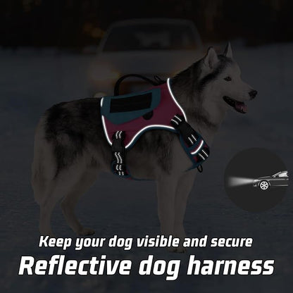 WINGOIN Tactical Dog Harness for Large Dogs, No Pull Harness with Handle Pockets Poop Bag, Reflective Dog Vest, Military Service Heavy Duty Big Dog Harness for Walking Hiking Training (Pink Blue, L)