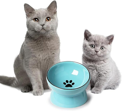 ONTUBE Ceramic Raised Cat Dishes Bowl, Pet Food Bowls,5.3 Inch 10 oz (Blue)
