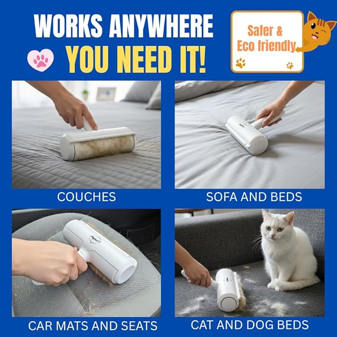 Pet Hair Remover Roller – Reusable Dog & Cat Hair Remover for Furniture, Couch, Bed, Carpet, Car Seats – Portable, Eco-Friendly Pet Hair Cleaner, No Sticky Sheets or Batteries Needed (White)