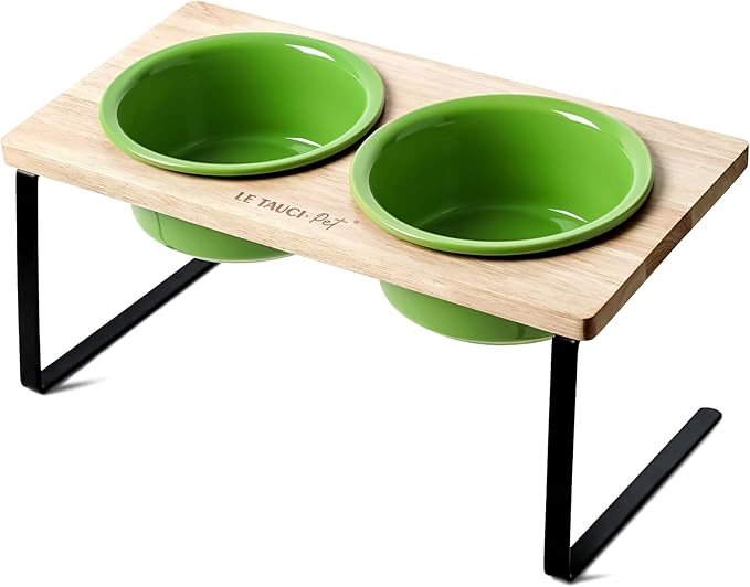 Elevated Dog Bowls, Raised Dog Bowl Stand with Two 6.5 inch Ceramic Bowl, Non-Slip Puppy Food and Water Bowls, Dogs Feeder for Small and Medium Breed,Green