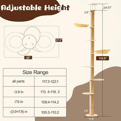 Tinnmao Solid Wood Floor to Ceiling Cat Tree, 7 Level Adjustable Height (8.8-10.2 ft) Tall, Modern Climbing Tower for Indoor Cats Large Adult with Thickened Wooden Sisal Scratching Posts & Cozy Bed