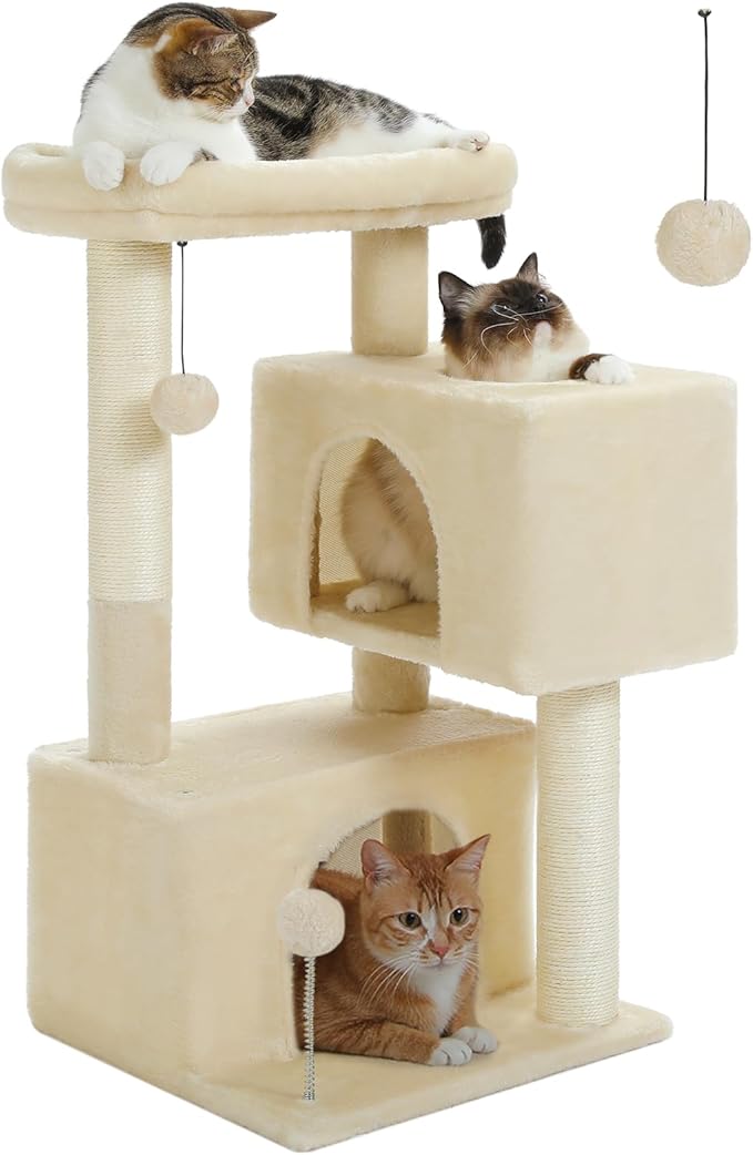 32" Cat Tree Tower for Indoor Cats - 2 Cozy Condos, Multi-Level Cat Scratching Posts with Sisal, Soft Padded Perch, 2 Dangling Toys, Beige