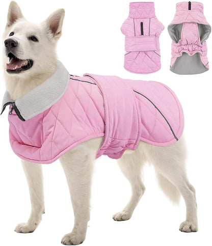 Kuoser Dog Coat, Extra Warm Dog Jacket Windproof Dogs Cold Weather Coats for Large Dogs, Fleece Lining Turtleneck Puppy Snowsuit Reflective Adjustable Pet Winter Clothes Christmas, Pink 2XL