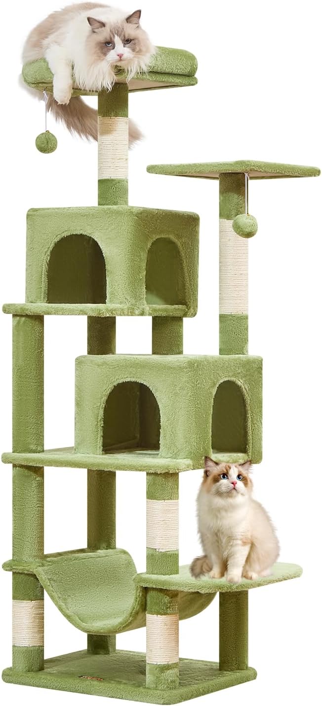 Taoqimiao Cat Tree, 61-Inch Cat Tower for Indoor Cats, Plush Multi-Level Cat Condo with 5 Scratching Posts, 2 Perches, 2 Caves, Hammock, 2 Pompoms, MS013SGR Green