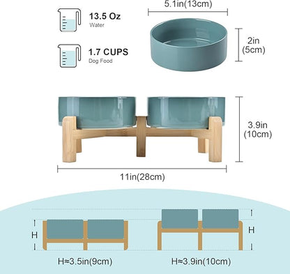 SPUNKYJUNKY Elevated Dog Bowls Ceramic, 5.1'' Dogs and Cat Food Water Bowls Raised with Non-Slip Bamboo Stand for Puppy Small Sized Breed Microwave Dishwasher Safe - 13.5 OZ,Dark Green