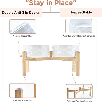 SPUNKYJUNKY Elevated Dog Bowls Ceramic, 7.3'' Dogs Food Water Bowls Raised with Non-Slip Bamboo Stand for Medium to Large Sized Breed Microwave Dishwasher Safe - 42 OZ,Paw White