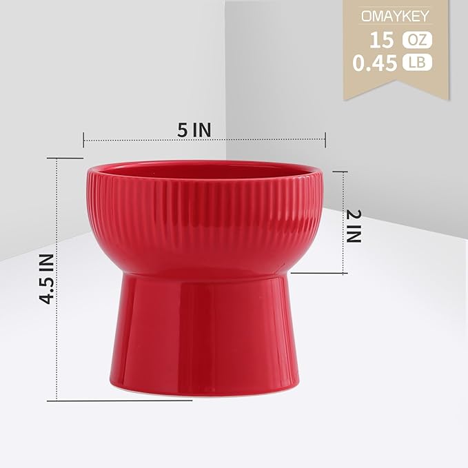 Ceramic Raised Cat Bowls, Elevated Cat Food and Water Bowls Set, 15 oz Porcelain Stress Free Pet Feeder Bowl Dish for Cats and Small Dogs, Dishwasher and Microwave Safe - Set of 2, Red