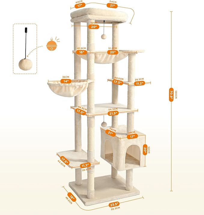 Made4Pets Tall Cat Tree, 71 Inches Cat Tree Tower for Indoor Cats Large Adult, Plush Multi-Level Cat Tower with 5 Scratching Posts, 2 Hammock, Condo and Perch, Big Cat House Indoor, Beige