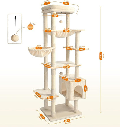 Made4Pets Tall Cat Tree, 71 Inches Cat Tree Tower for Indoor Cats Large Adult, Plush Multi-Level Cat Tower with 5 Scratching Posts, 2 Hammock, Condo and Perch, Big Cat House Indoor, Beige