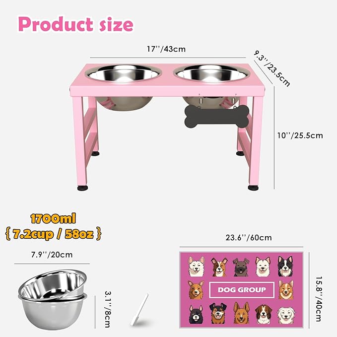 Elevated Dog Bowls, 10" Tall Height, ADENGL Raised Bowl Stand with 2 Stainless Steel Food Feeder Bowls (60oz) and Spill-Proof Mat for Medium Large ＆ Small Breeds, Pink