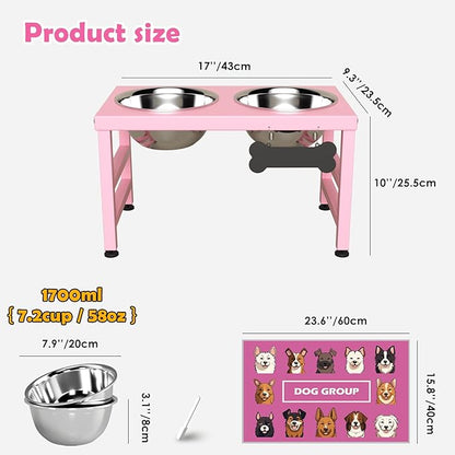 Elevated Dog Bowls, 10" Tall Height, ADENGL Raised Bowl Stand with 2 Stainless Steel Food Feeder Bowls (60oz) and Spill-Proof Mat for Medium Large ＆ Small Breeds, Pink