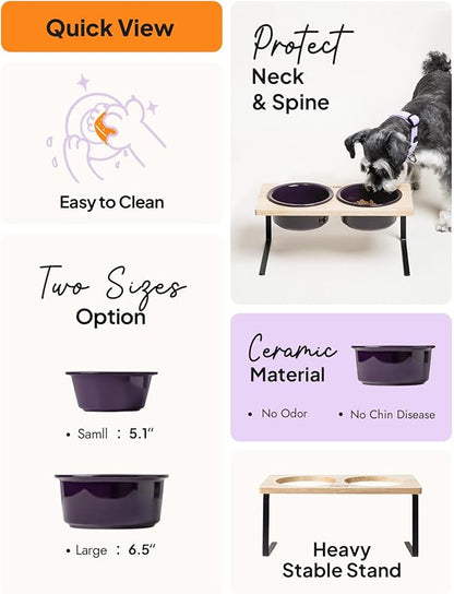 Elevated Dog Bowls, Raised Dog Bowl Stand with Two 6.5 inch Ceramic Bowl, Non-Slip Puppy Food and Water Bowls, Dogs Feeder for Small and Medium Breed,Purple