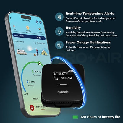 Waggle RV Pet Monitor - Real-time Temperature, Humidity, GPS Geofence Alerts | Air Quality Index | 4G Multi Carrier | Unlimited SMS, Email, App Alerts | RV Power Loss Alerts