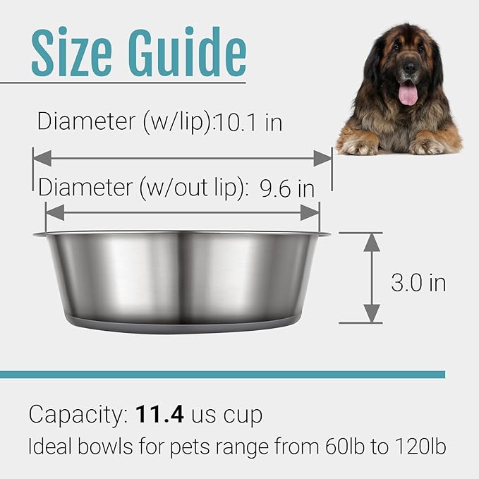 PEGYY11 Nonslip Stainless Steel Dog Bowls, 11.4 US Cup, 2 Count