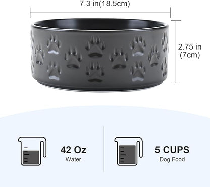 SPUNKYJUNKY Ceramic Dog Bowls 2 Pack, 7.3'' Dog Food Water Double Feeding Bowls Non-Slip for Medium to Large Sized Breed Microwave Dishwasher Safe - 42 OZ, 2pcs, Paw Black
