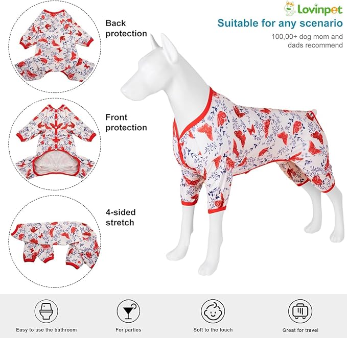LovinPet Large Dog Bodysuit For Shedding, Pet Anxiety Relief Pajamas, Uv Protection Dog Shirt, Comfy Stretchy Fabric, White Butterfly Print, Pajamas for Pitbulls, Pitbull Clothes For All Seasons,Large