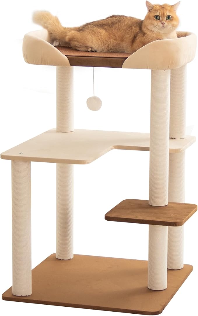 Cat Tree for Indoor Cats Large Adult, Modern Cat Tree Tower with Sisal-Covered Scratching Posts, Cozy Perches, Hammocks, and Interactive Toys for Kittens, 37.4'' Cream