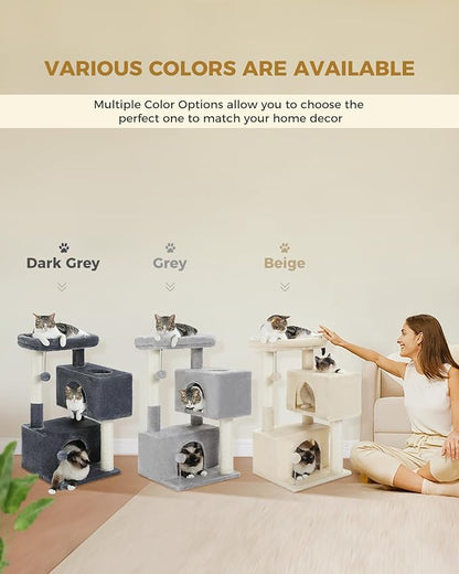 32" Cat Tree Tower for Indoor Cats - 2 Cozy Condos, Multi-Level Cat Scratching Posts with Sisal, Soft Padded Perch, 2 Dangling Toys, Beige