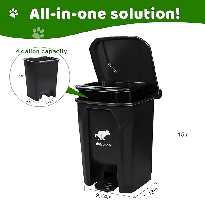 Dog Poop Trash Can Outside, 20L/5Gallon Pedal and Removable Inner Waste Bin, Outdoor Dog Poop Trash Can with 100 Bags, Pet Waste Container for Garden, Black