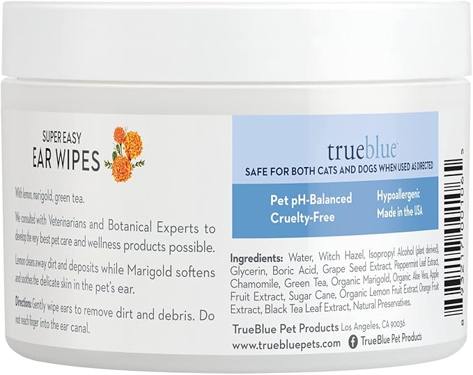 TrueBlue Lemon & Marigold Super Easy Dog Ear Wipes – Pre-Moistened Puppy Pads for Ear Cleaning – Cleansing Ear Wipe for Dogs, Puppies – Non-Toxic, All-Natural – 50 Count