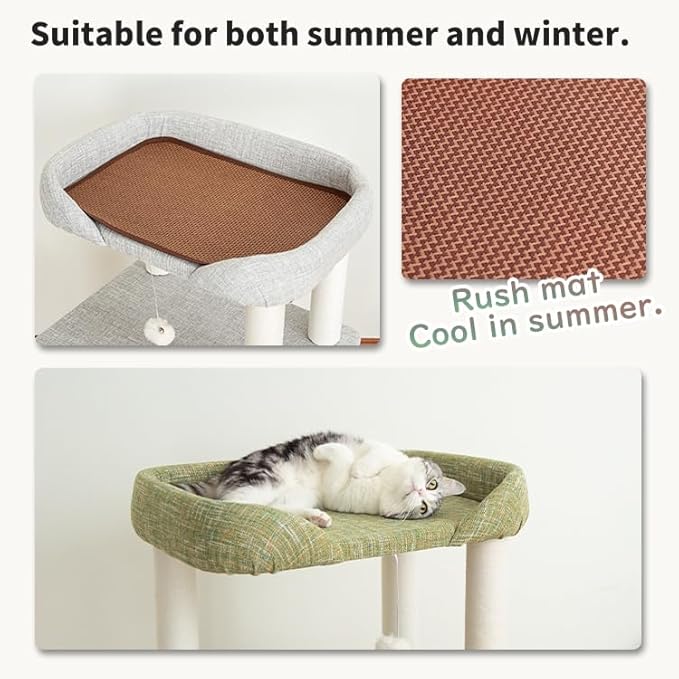 Cat Tree for Indoor Cats Large Adult, Modern Cat Tree Tower with Sisal-Covered Scratching Posts, Cozy Perches, Hammocks, and Interactive Toys for Kittens, (Linen Fabric Green 37.4-Inch)