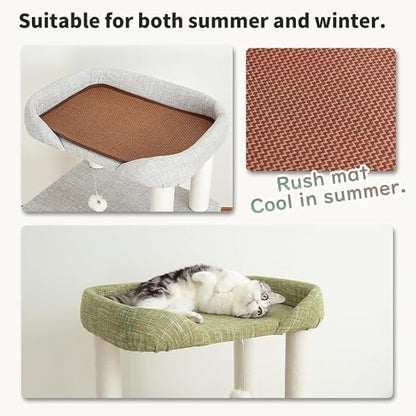 Cat Tree for Indoor Cats Large Adult, Modern Cat Tree Tower with Sisal-Covered Scratching Posts, Cozy Perches, Hammocks, and Interactive Toys for Kittens, (Linen Fabric Green 37.4-Inch)