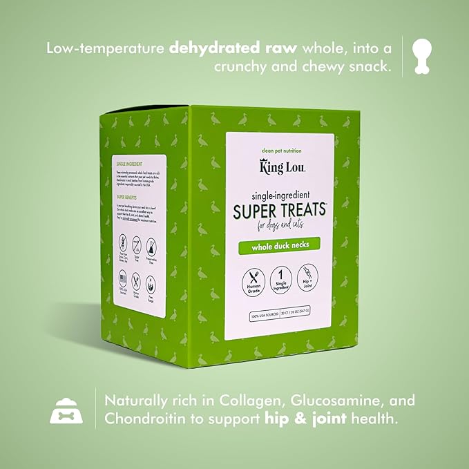 King Lou Pets - Whole Duck Necks for Dogs and Cats - Single Ingredient Dog Treat - Dehydrated Cat Treats - USA-Made Dog and Cat Treats - Supports Hip and Joint Health - 20 Count