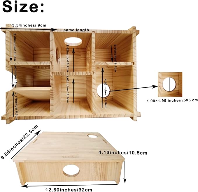 Multi Chamber Hamster House,Wooden Guinea Pig Maze Hideout Hut Interesting Multi-Room Tunnel Exploring Toys Hamsters Accessories for Guinea Pigs Dwarf Mice Gerbil Small Rodents