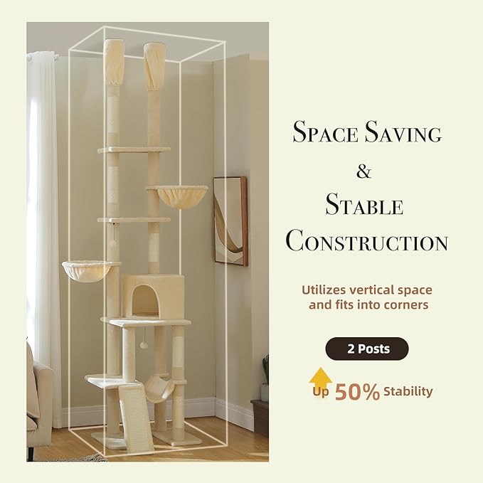 PAWZ Road Tall Cat Tree, Floor to Ceiling Cat Tower with Adjustable Height(85-112 Inches), 7 Tiers Climbing Tower with Cozy Hammocks, 5 Platforms and Scratching Posts for Indoor Cats-Beige