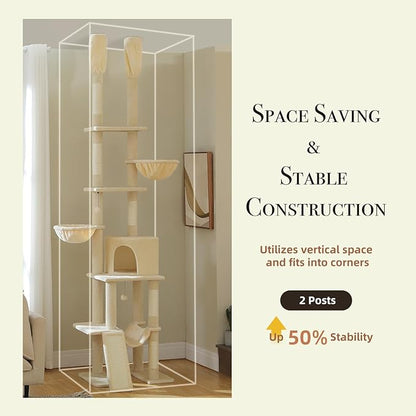 PAWZ Road Tall Cat Tree, Floor to Ceiling Cat Tower with Adjustable Height(85-112 Inches), 7 Tiers Climbing Tower with Cozy Hammocks, 5 Platforms and Scratching Posts for Indoor Cats-Beige