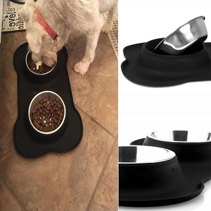 AsFrost Dog Food Bowls Stainless Steel Pet Bowls & Dog Water Bowls No Spill Non Skid, Feeding Bowls with Dog Bowls Silicone Mat for Small Medium Large Size Dogs, Cat Pet Dog Dishes Set, Black, 3 Cup
