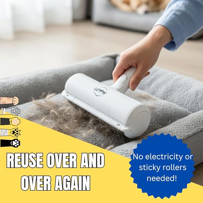 Pet Hair Remover Roller – Reusable Dog & Cat Hair Remover for Furniture, Couch, Bed, Carpet, Car Seats – Portable, Eco-Friendly Pet Hair Cleaner, No Sticky Sheets or Batteries Needed (White)