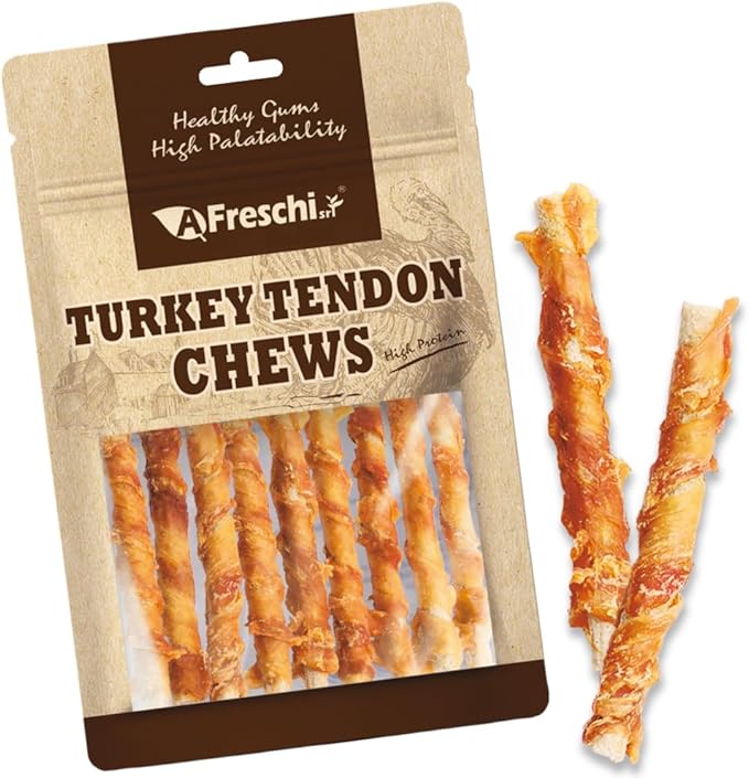 A Freschi Wrapped Turkey Tendon with Brown Rice Stick 3.5 oz, USA-Sourced Turkey Tendon, Dog Treats for Wrapped Series, All Natural Human Grade Dog Treat, Hypoallergenic, Rawhide Alternative