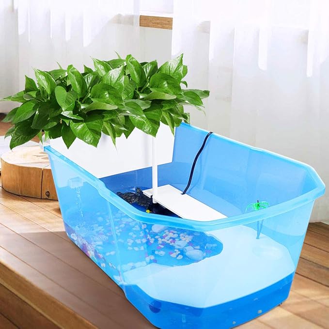 PINVNBY Plastic Turtle Tank Reptile Habitat Pet Terrariums Turtles Tank Aquarium Terrapin Topper Basking with Platform Plants,Durable,Safe, Non-Toxic(Blue)